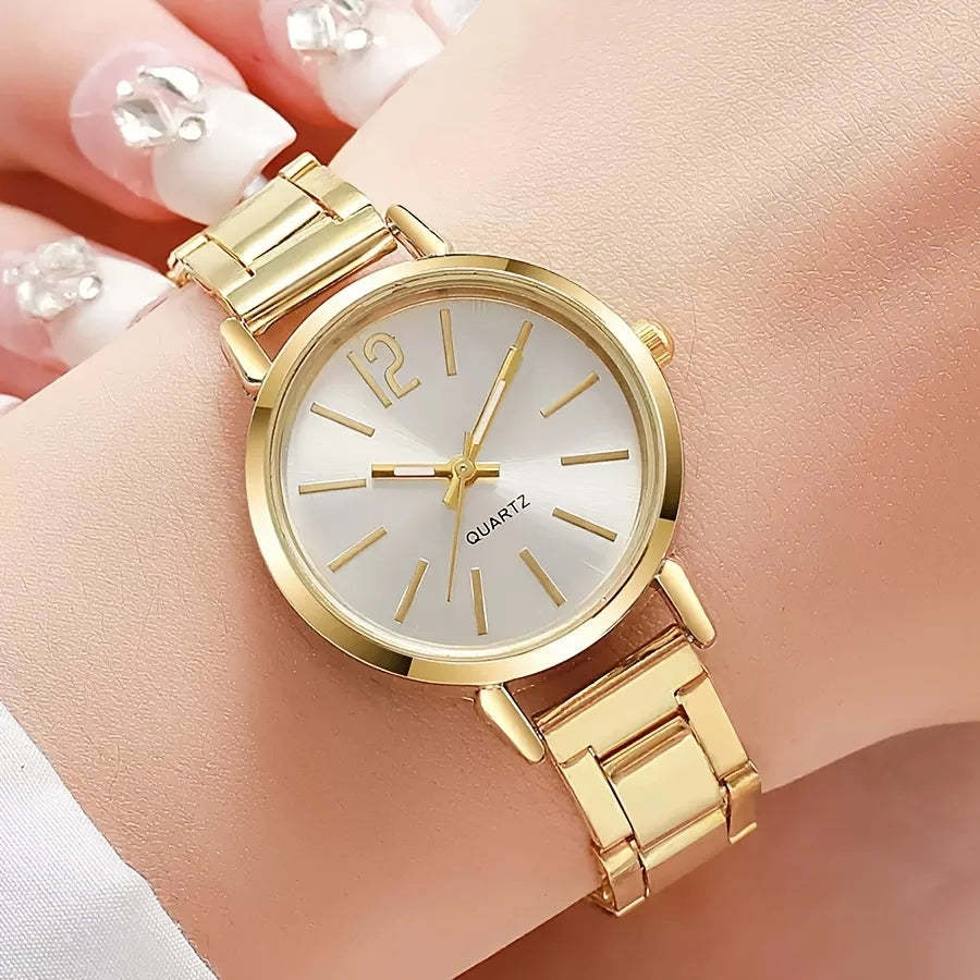 Classic Minimalist White Dial Gold Metal Watch Matching Smooth Teardrop Shape Jewelry Set For Women Wedding Party Gift Without Qme