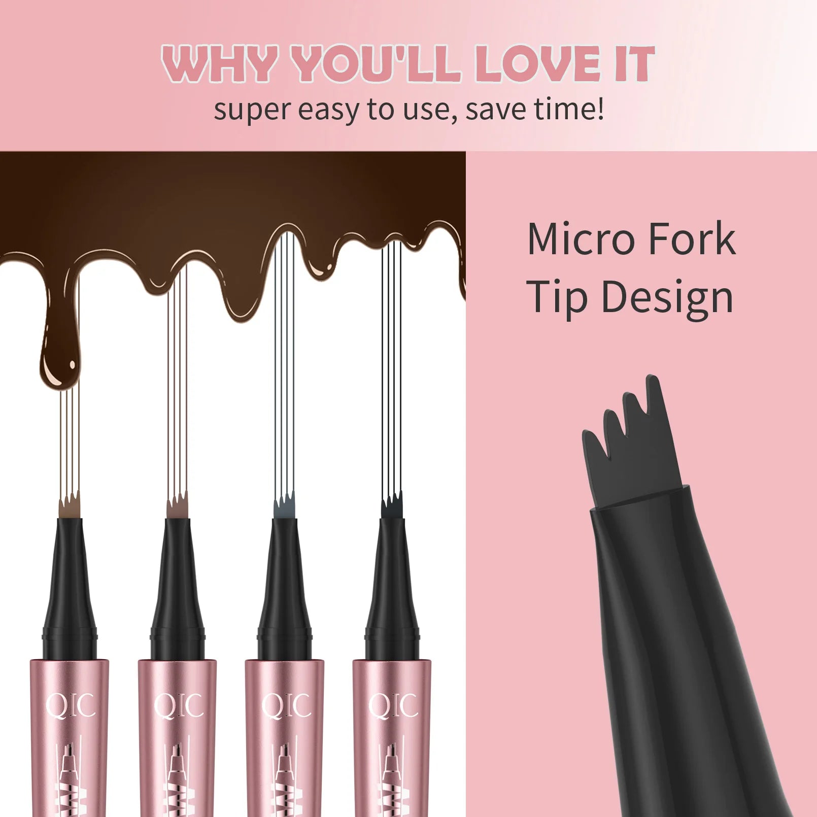 QIC Waterproof Microblading Eyebrow Pen - 4 Split Head, Natural Look Brow Makeup in 6 Colors for All Skin Types Qme