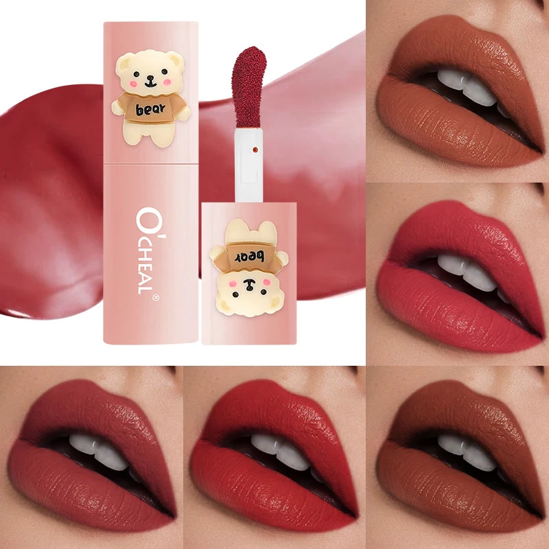 Cartoon Teddy Bear Lip Gloss Waterproof Sweat Proof Matte Effect Qme