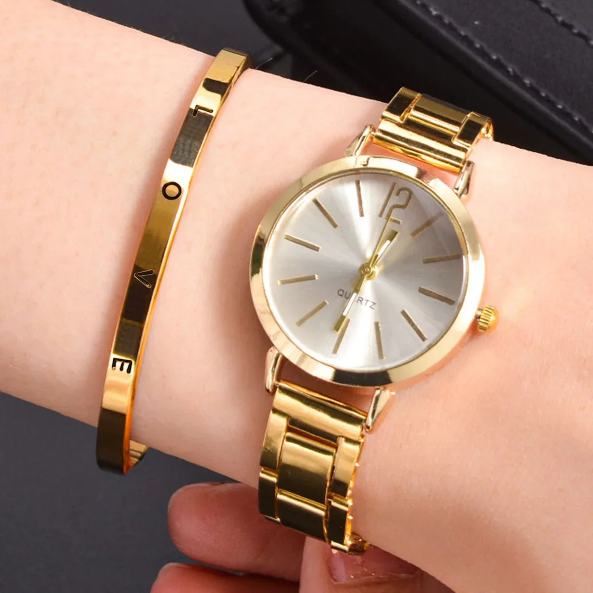 Ladies Fashion Simple Digital Alloy With Quartz Watch LOVE Bracelet 2pcs Set Qme