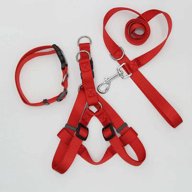 B 2/3Pcs Solid Nylon Dog Harness Collar Leash Set, Adjustable Breathable Traction Kit For Dogs Daily Walking Training Qme Red 3pcs set 2.0