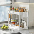 Kitchen 2 Tier with Hooks Hanging Cup Home Bathroom Organizer Under Sink Organizer Sliding Cabinet Basket Organizer Storage Rack Qme White