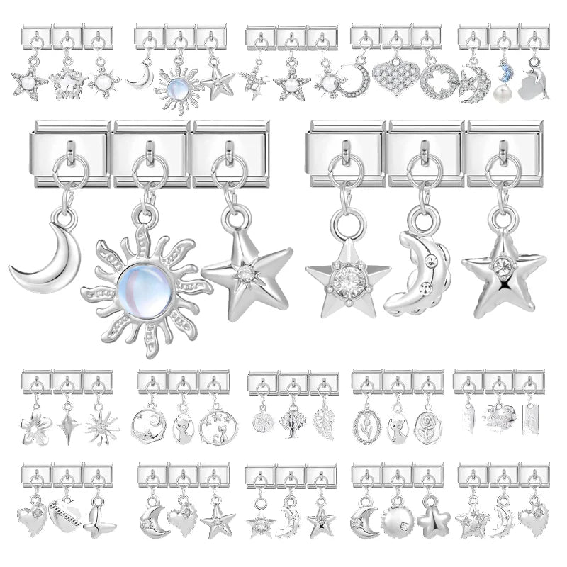 Wholesale Shiny Blue Sun Zircon Stars Moon Sereis Pendant Italian Charm Links Fit 9mm Stainless Steel Bracelet Women DIY Making Qme