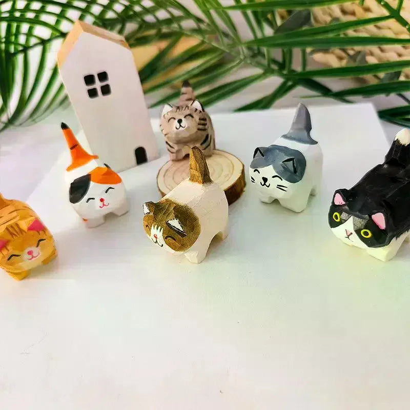 Cute Cat Figurine Decorative Wooden Ornament Miniature Kitten Home Bedroom Office Desk Decoration Gift Statue Qme