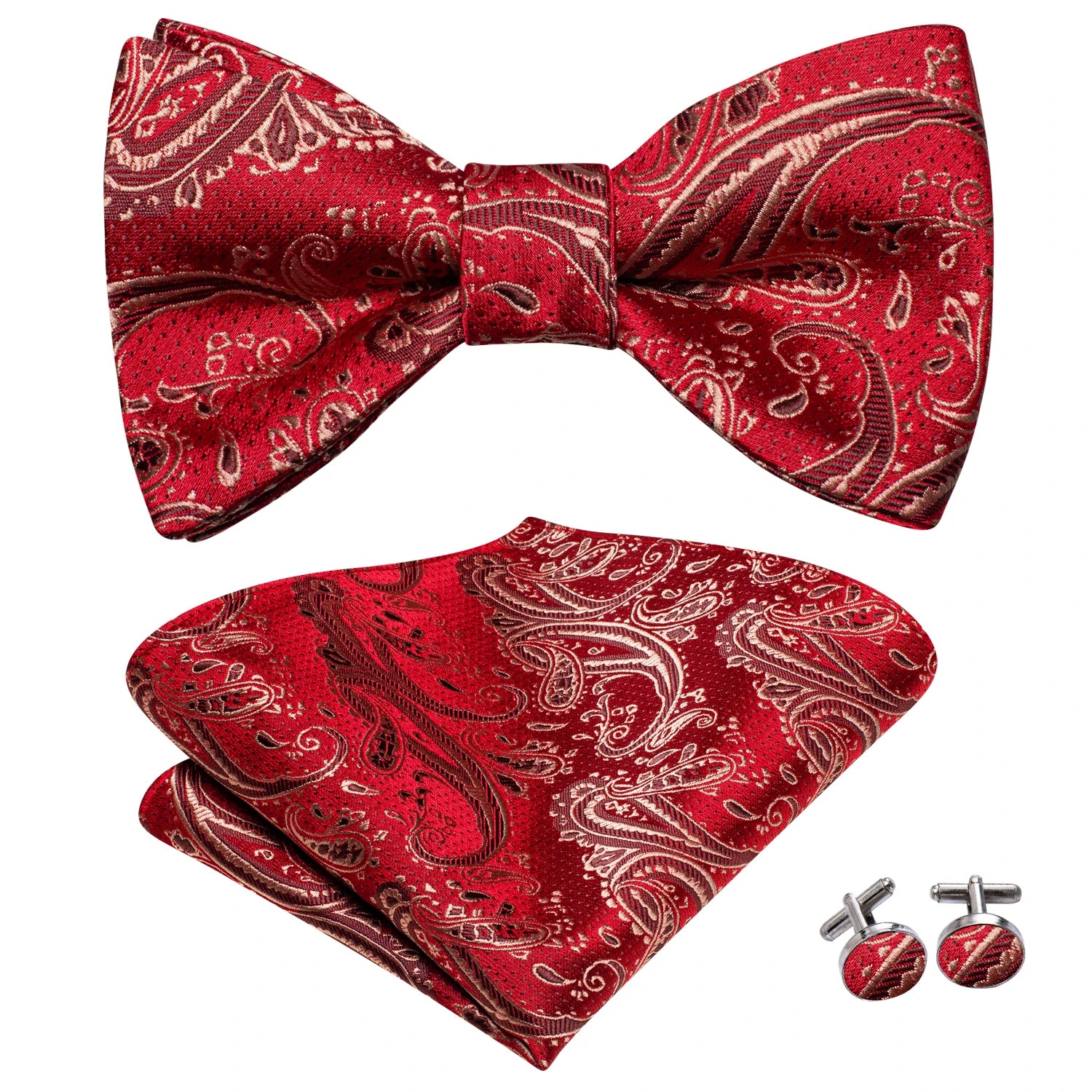 Hi-tie Silk Mens Self Bow Tie Hanky Cufflinks Blue Red Gold Black Qme
