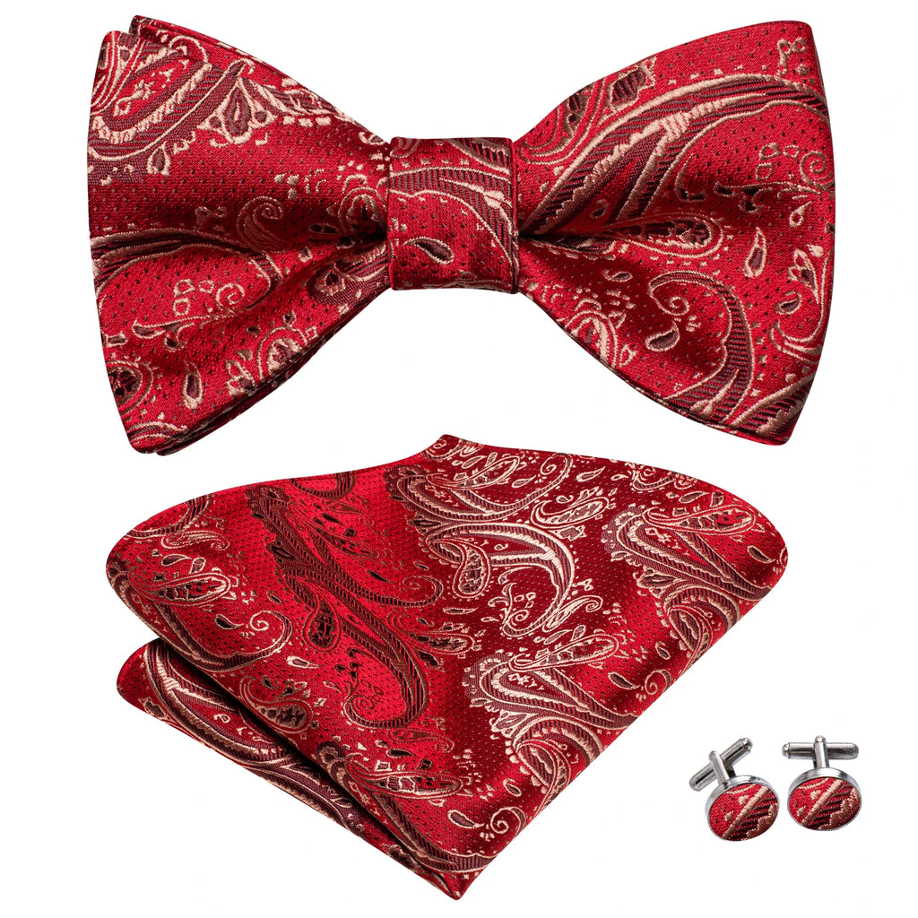 Hi-Tie Silk Mens Self Bow Tie Hanky Cufflinks Set Blue Red Gold Black White Male Jacquard Butterfly Knot Bowtie Wedding Business Qme