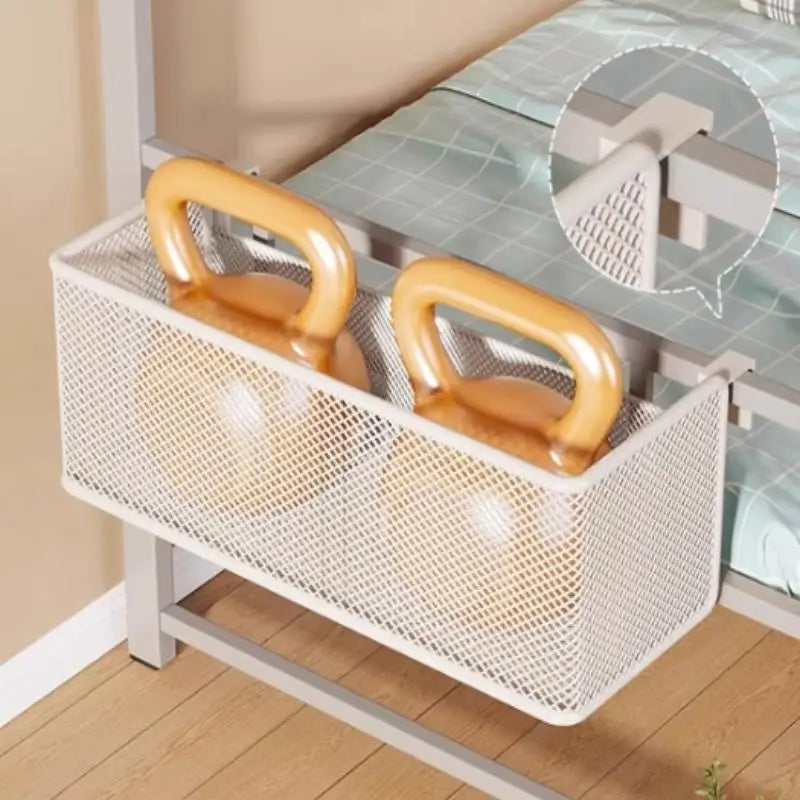 Bedside Hanging Storage Basket Space Saving Multifunctional Metal Bedside Shelf For Hotel Office Dorm Bed & Bunk Bed Bedroom Qme White