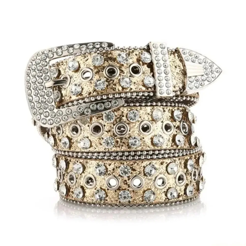 Simple PU Leather Rhinestone Belts Spicy Girl Blingbling Rivet Belt Qme Gold