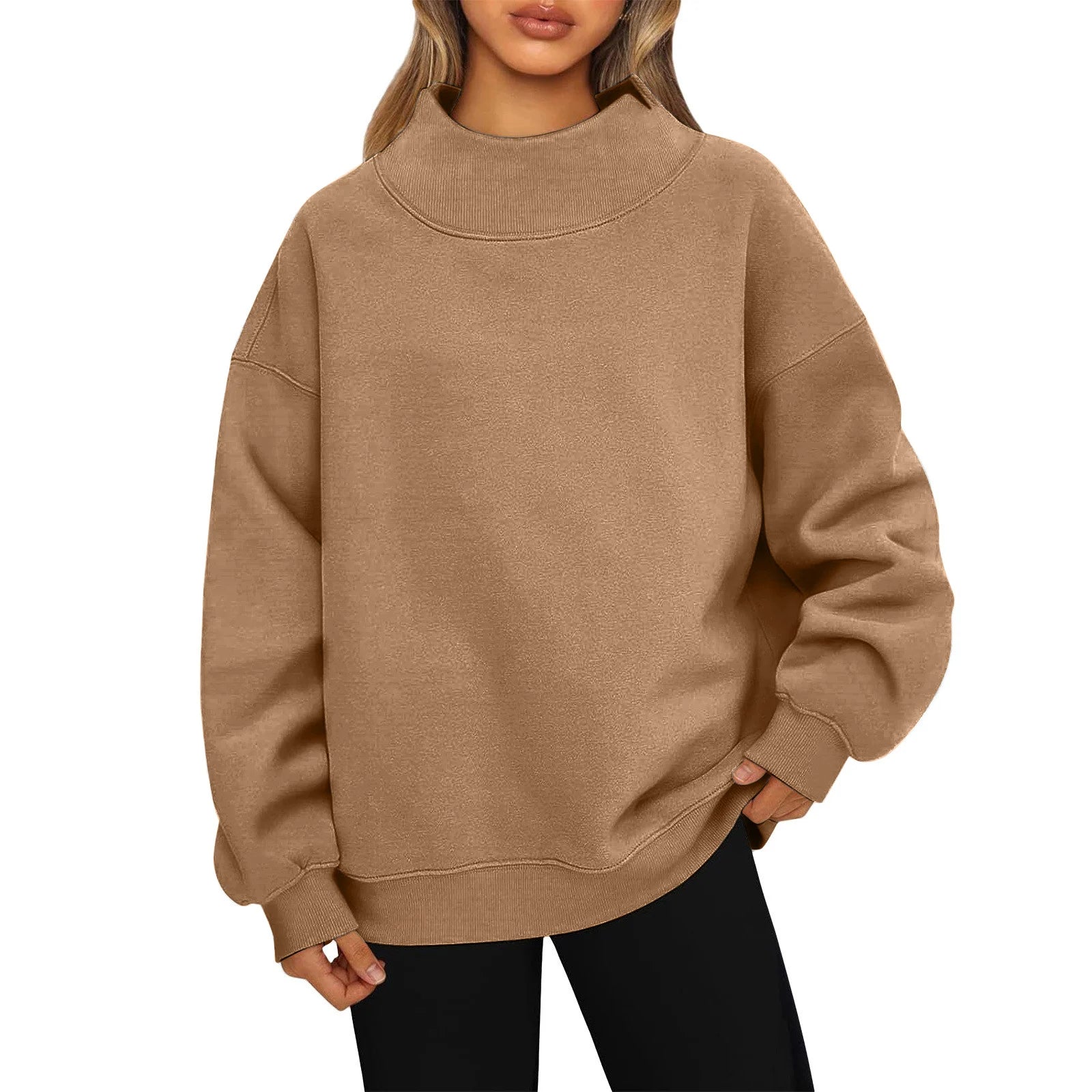 Fashionable Loose High Neck Long Sleeved Solid Color Hoodie for Lady Lazy Style Basic Casual Commuted Pullover Top Qme Khaki S