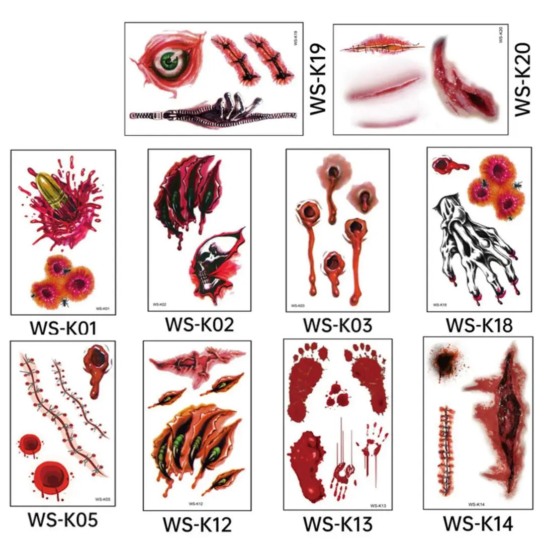 A 10pcs Waterproof Halloween Tattoo Stickers Bleeding Wound Scar Temporary Tattoos for Women Men Fake Tattoo For Halloween Party Qme 10pcs WS-K01K20