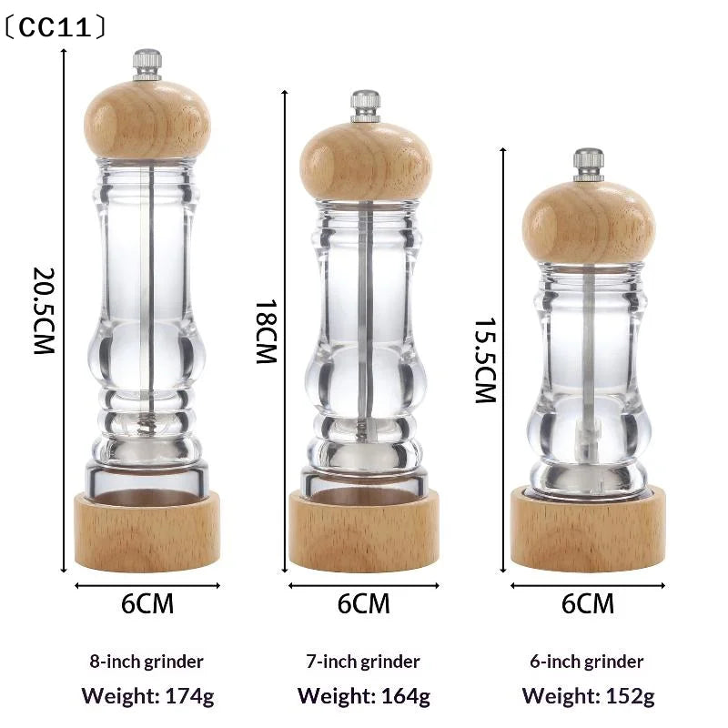 Wood Pepper Grinder Mill Acrylic Sea Salt Shaker Adjustable Qme