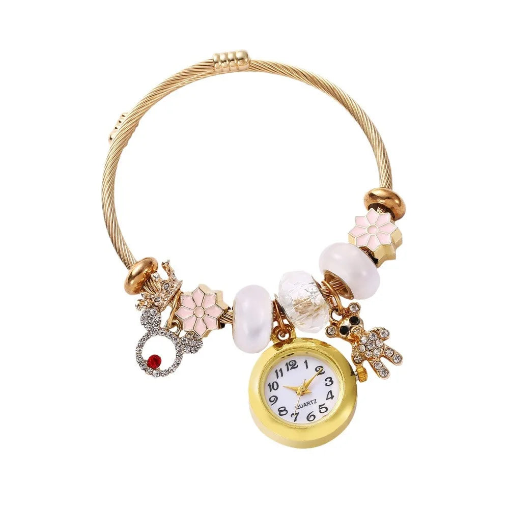 Golden Adjustable Opening Alloy Bracelet Quartz Bead Flower Pendant Couple Watch with Gift Box Qme