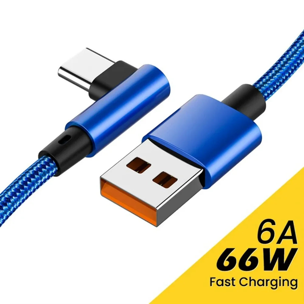 90 Degree Elbow Type C Fast Charging USB Cable For Xiaomi Redmi POCO Huawei Honor OPPO Realme Vivo OnePlus Nylon Braided Cables Qme Blue 1.5m Type-C to USB-A