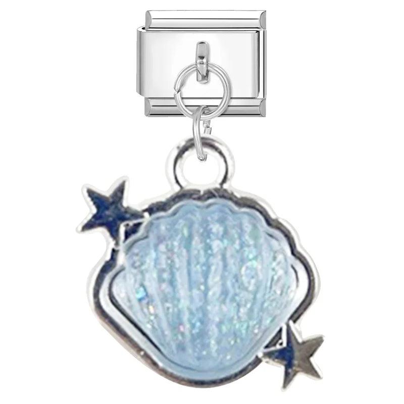 2025 Shiny Zircon Shells Starfish Conch Blue Italian Charm Links Fit 9mm Stainless Steel Bracelet Women Jewelry DIY Making Gifts Qme Style 21