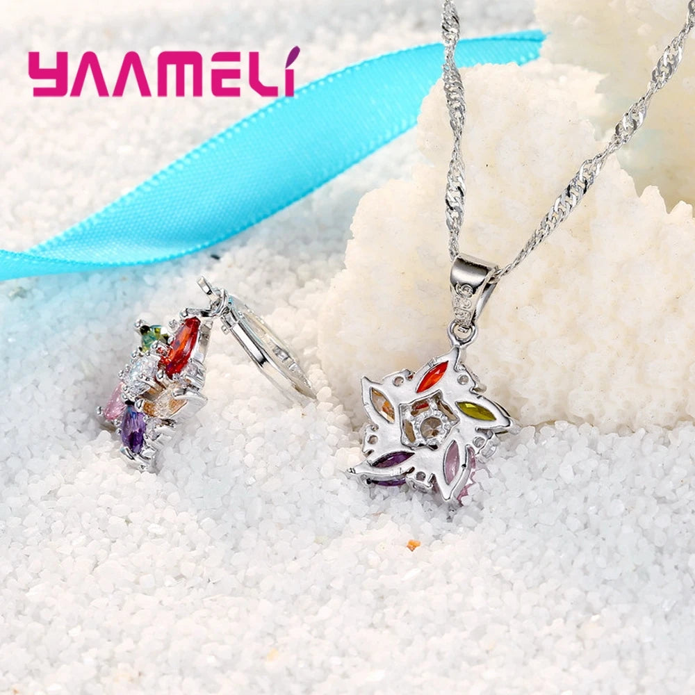 925 Sterling Silver Color Pendant Necklace Earrings Romantic Ethnic Style Windmill Shape Colorful/White Crystal Stone For Girl Qme