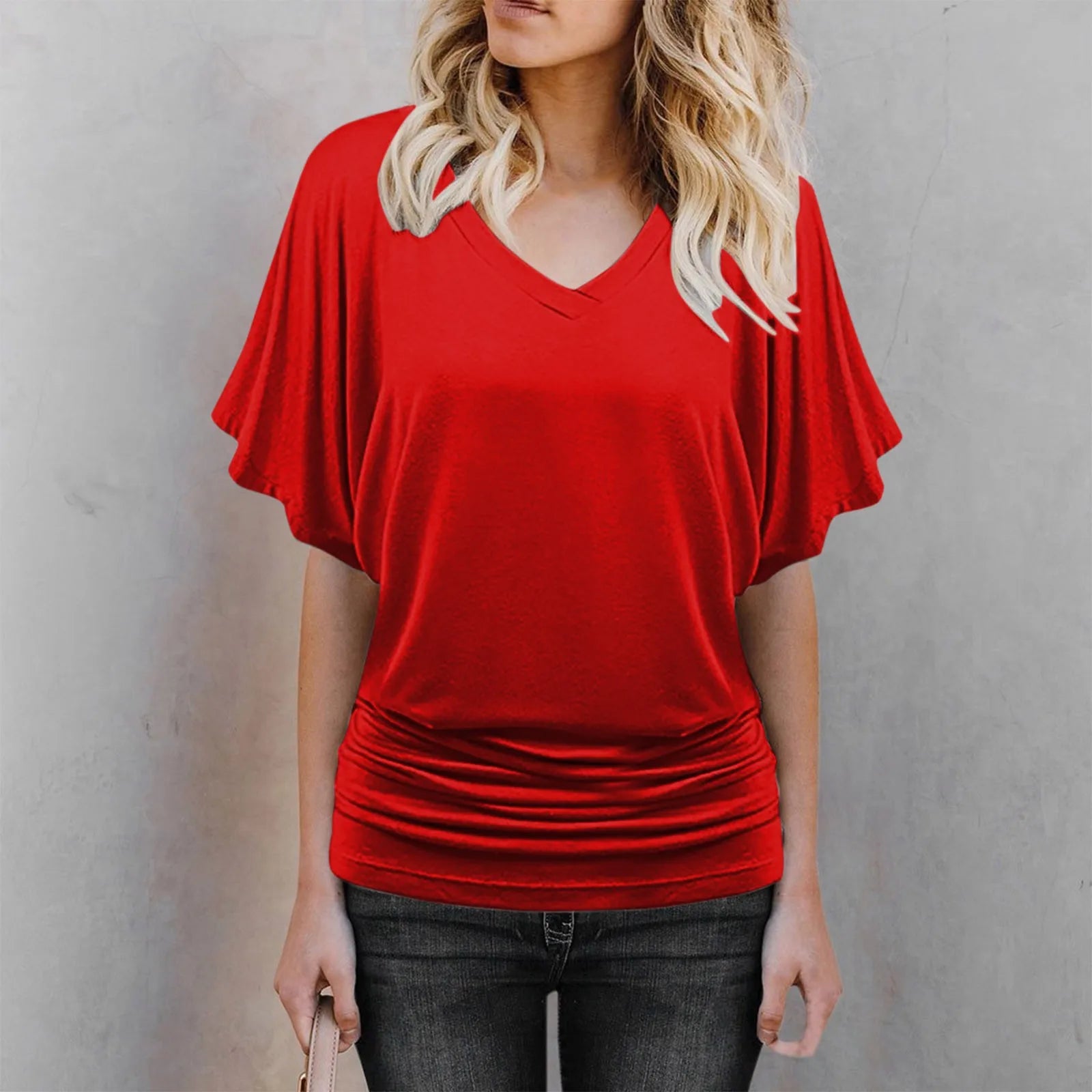 Soft Pleated Summer Bating Short Sleeved V-neck Solid Color T-Shirt Fashionable Classic Soft And Comfortable Daily Top For Lady Qme Red XXL