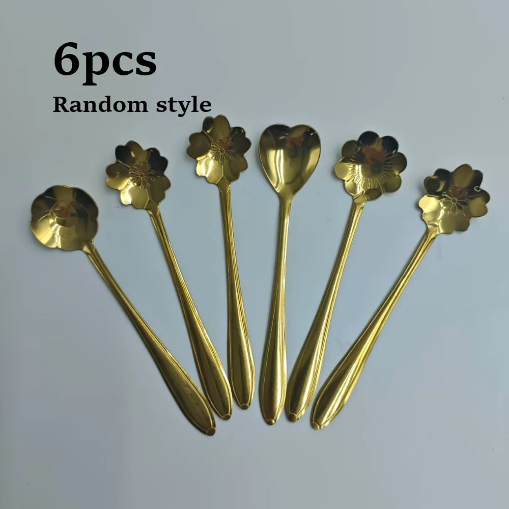 Set of 6 Random Style Stainless Steel Teaspoons Ideal for Desserts - Petite Coffee Spoons, Charming Dessert Spoons for Tea, Soup Qme Golden-6pcs
