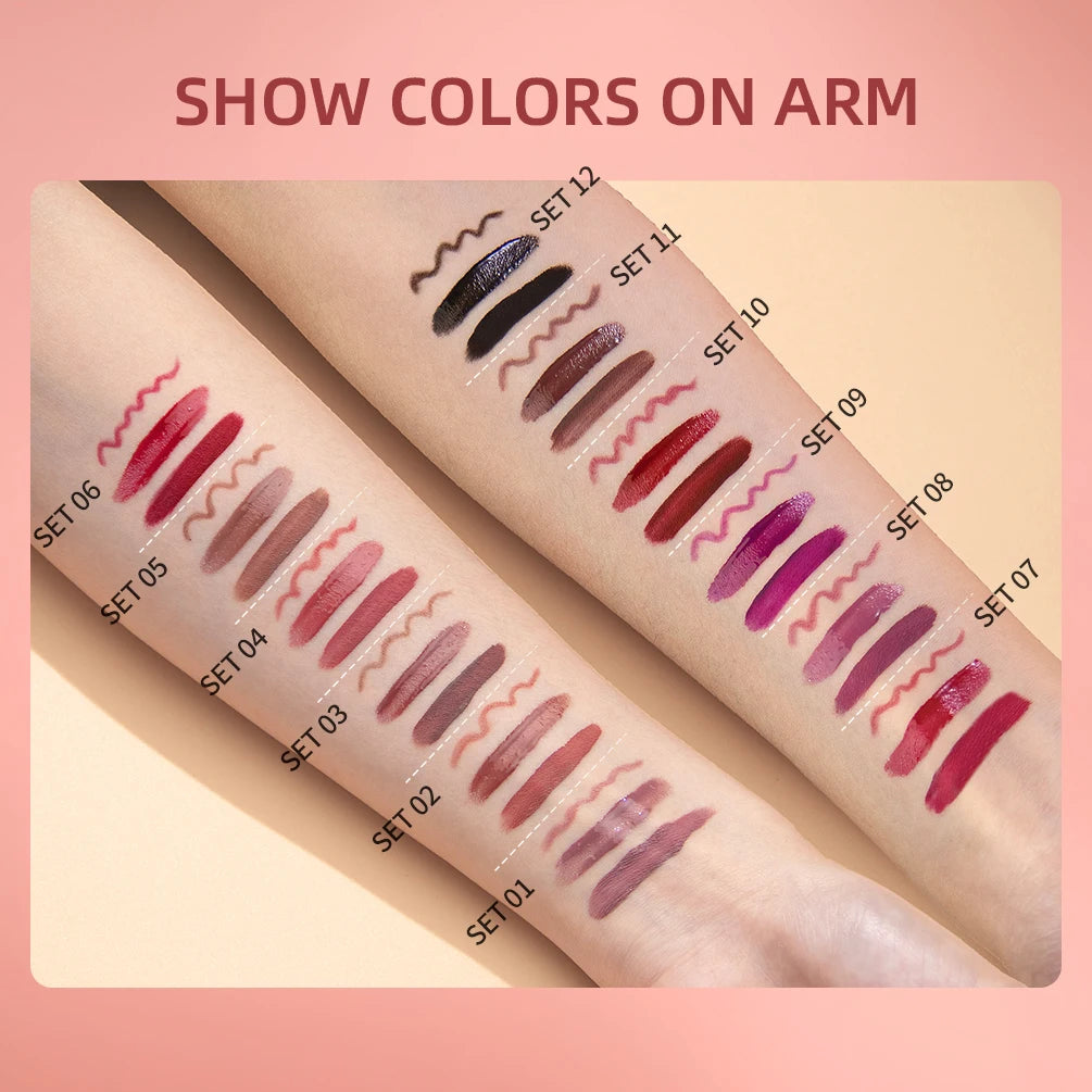 QIBEST Matte Liquid Lipstick&Lip Liner&Lip Gloss 3Pcs Sets Long Lasting Non-stick Cup Red Black Purple Lip Tint Cosmetics Kits Qme