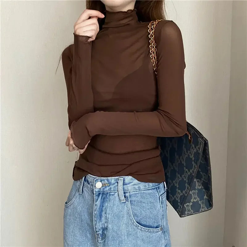 Floral Lace Shirt Spring Autumn Long Sleeve Sexy Mesh Bottoming Shirts Ladies Solid Turtleneck Silk T-Shirt Lace Crop Top Qme CF XXXL