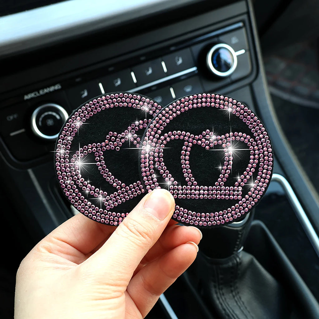 2 Diamond Inlaid Car Water Cup Pads Anti Slip Interior Decoration Qme Pink