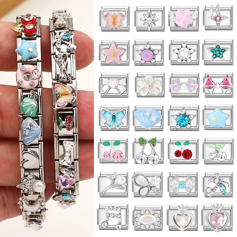 Bright Zircon Multielement Stars Shell ButterflyItalian Charm Links Fit 9mm Stainless Steel Bracelet Women Jewelry DIY Making Qme