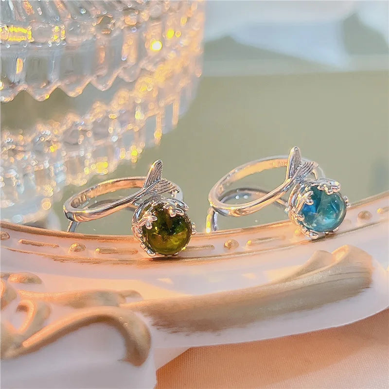 Design Sense Fashion Fishtail Crystal Multicolor Adjustable Open Ring Girl Woman Fashion Beach Party Birthday Gift Jewelry Qme