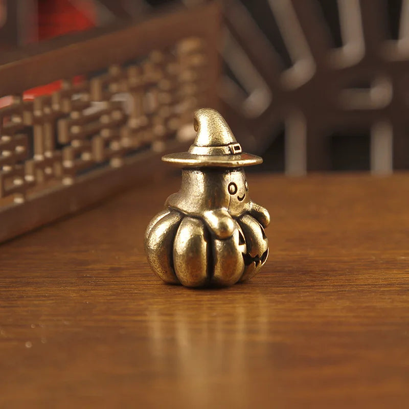 Vintage Brass Mini Ghost Pumpkin Figurine, Halloween Witch Hat Ghost Statue, Small Metal Desktop Ornament, Cute Halloween Decor Qme