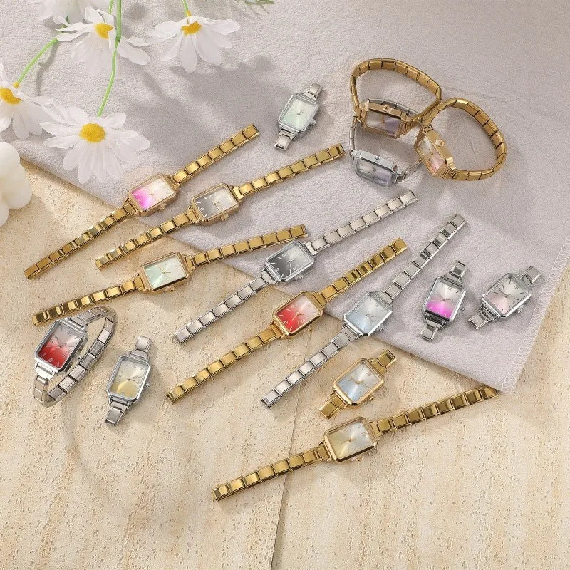 New High Quality Simple Square Watch Bracelet Fit 9mm DIY Italian Charm Stainless Steel Gradient Color Watch Bangle Jewelry Gift Qme