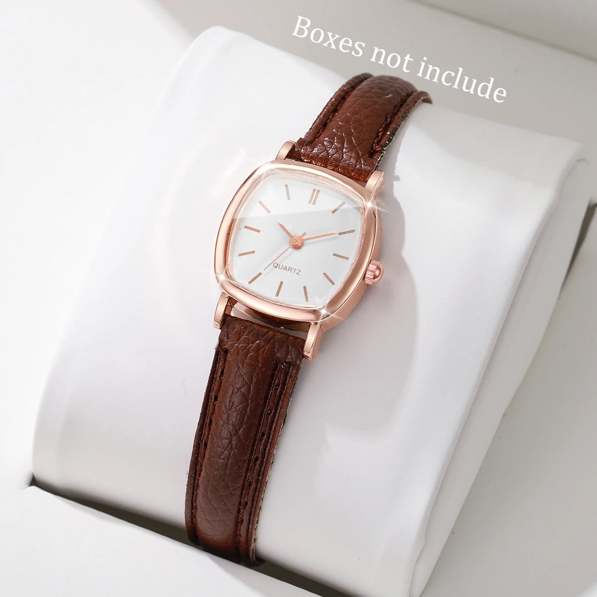 Women's Minimalist Square Quartz Watch, Rose Gold Tone Case with Brown Leather Strap, Casual Fashion Accessory Qme C Without Box