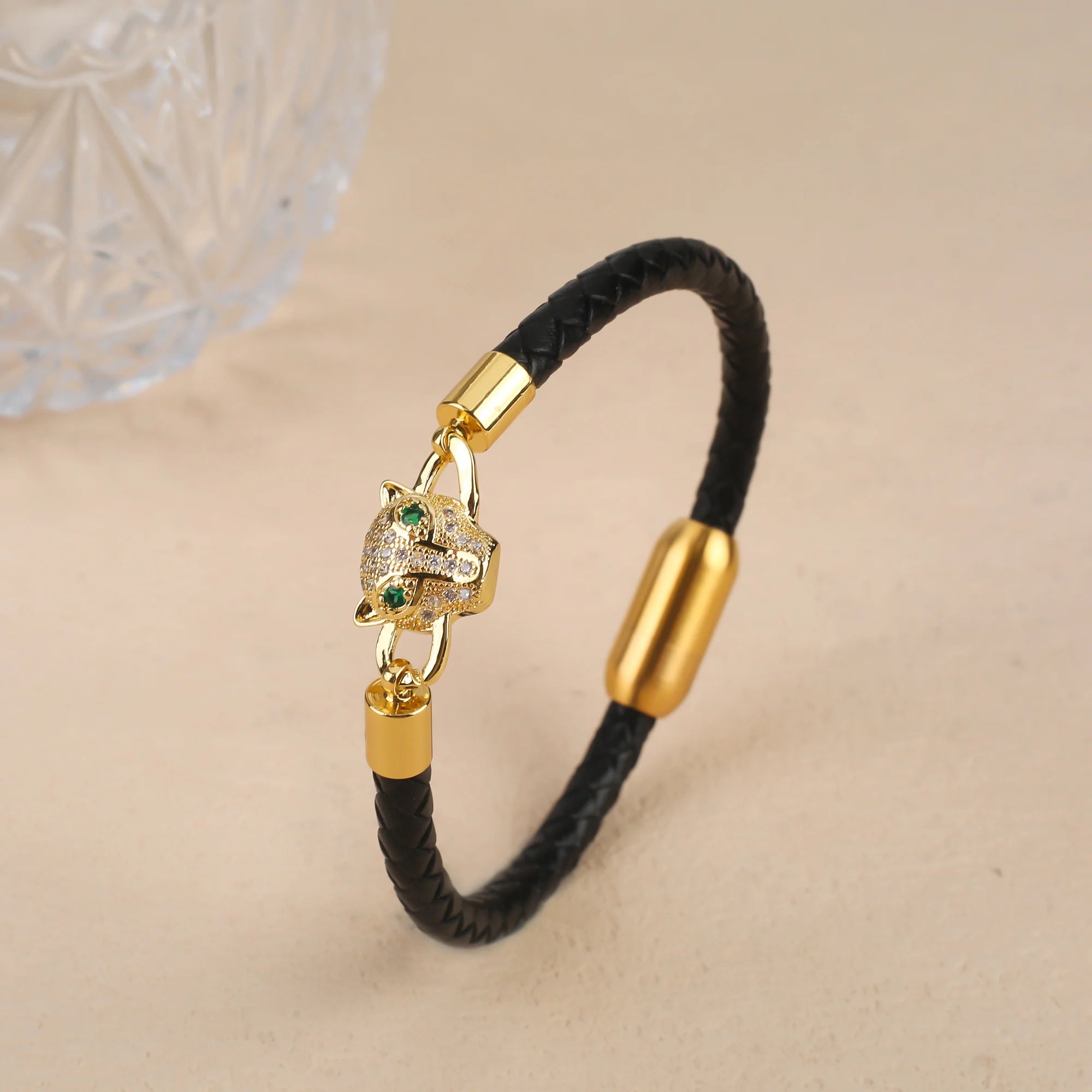 New Domineering Leopard Head Geometric Zircon Bracelet Stainless Steel Magnetic Clasp Bracelet Trendy For Men Women Jewelry Gift Qme A 23cm Black Leather