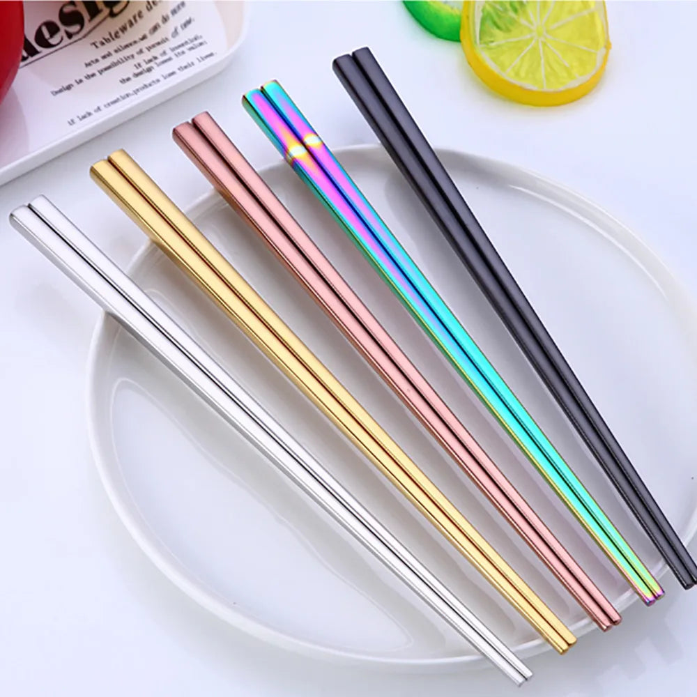 1Pair Stainless Steel Colorful Length Chopsticks Household Anti-slip Round Metal Chop Sticks Protable Outdoor Picnic Tableware Qme
