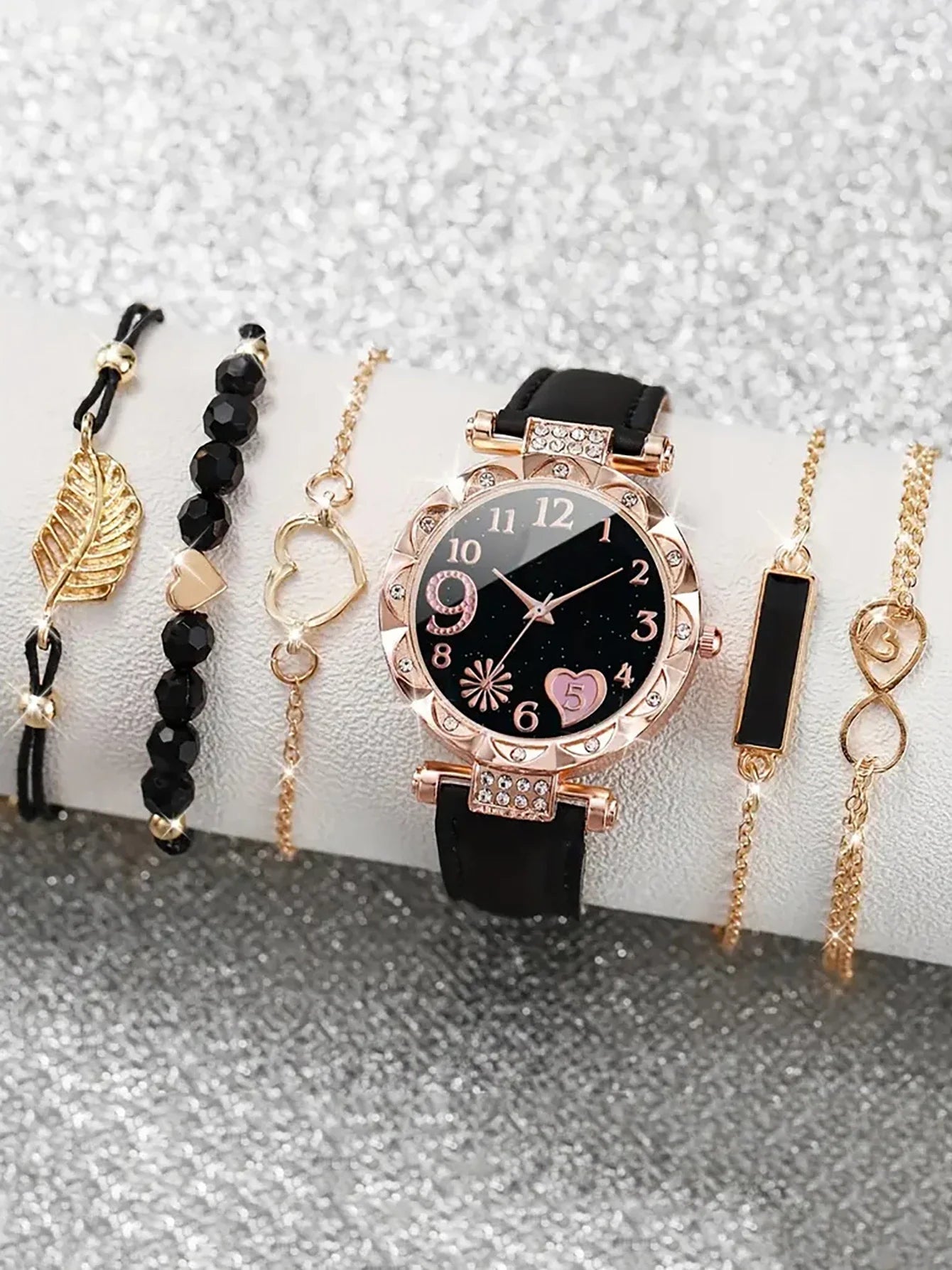 6PCS Women's Fashion Quartz Watch Luxury Pink Leather Band Analog WristWatch Ladies Watch Women Dress Bracelet Set Clock Qme black