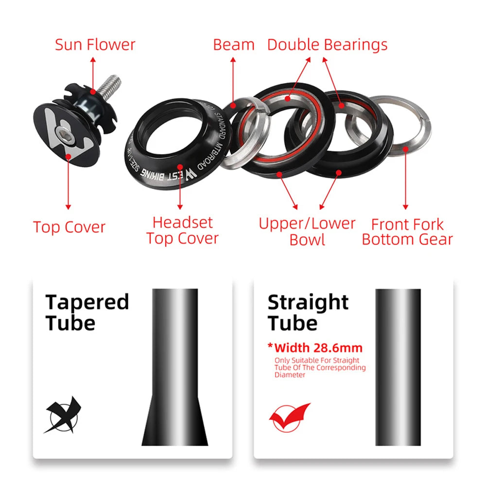 WEST BIKING MTB Bicycle 44mm Headset Double Bearing 28.6 Straight Tube Bike Fork Steering Column Spacers Stem Cap BMX Parts Qme