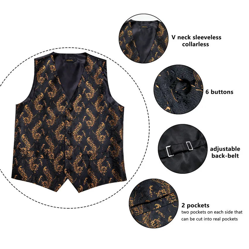 Men's Luxury Paisley Suit Vest & Tie Set – Formal Waistcoat with Necktie Pocket Square, Perfect for Weddings and Business Events Qme