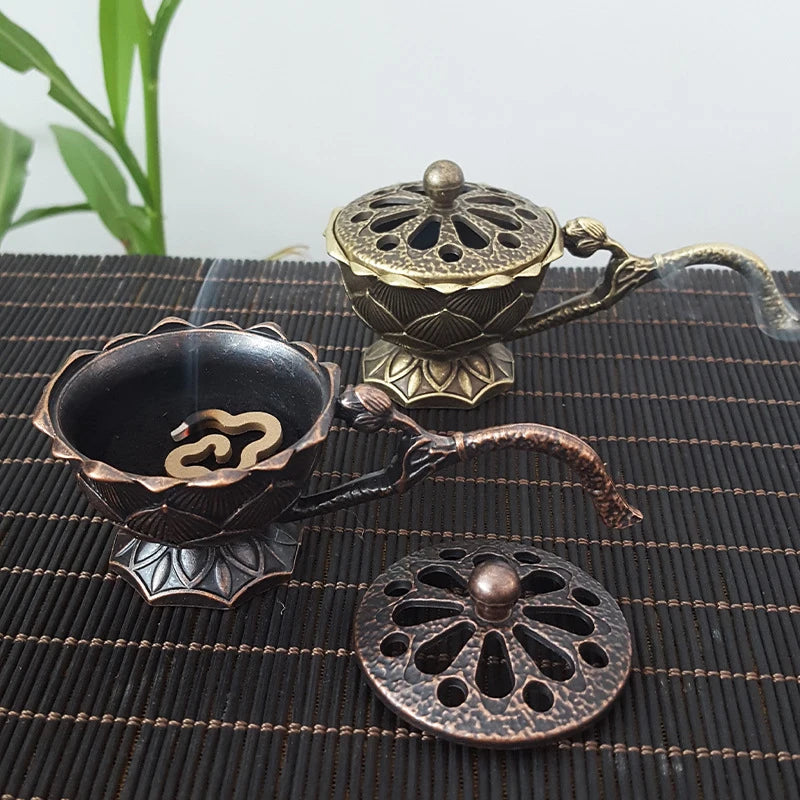 Meditation Home Decor Ancient Alloy Incense Burner Metal Lotus Bowl Qme