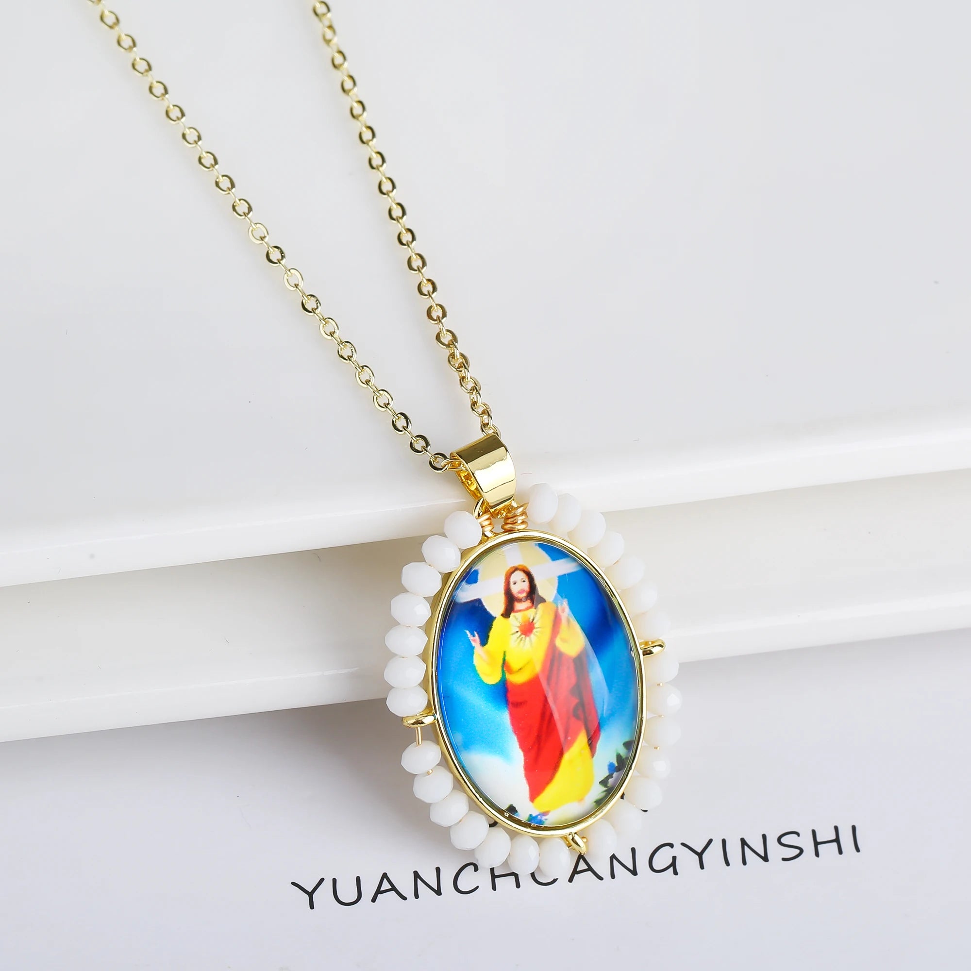 High Quality Hot Sale Religious Style Christian Catholic Image Pendant For Women Men Oval Shape Pave Beads Chain Choker Jewelry Qme 7