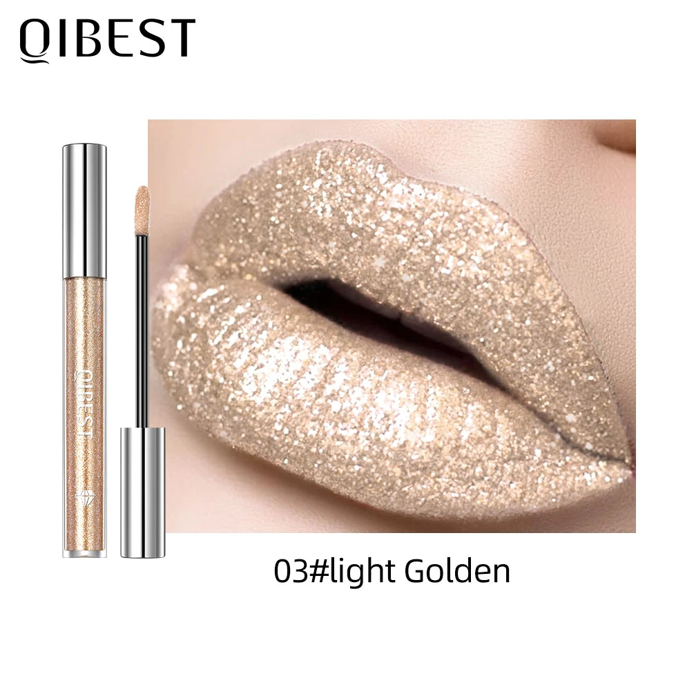 QIBEST Metallic Glitter Liquid Lipstick Makeup Waterproof Lip Gloss Long-lasting Shimmer Metal Diamond Lip Glaze Tint Charming Qme 03