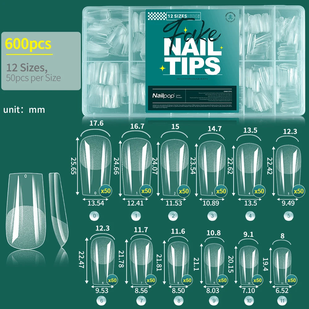 Nailpop False Nails 10 12 Sizes Full Cover Tips Clear Durable Qme M-Square-600