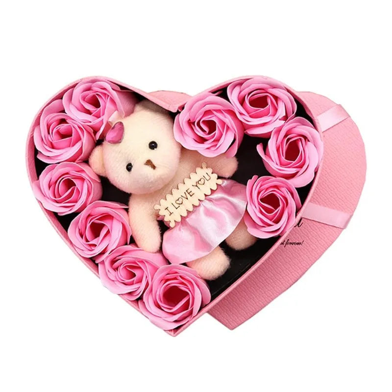 Valentine's Day 10 Floral Rose Artificial Flowers 1 Bear Box Qme Style 3
