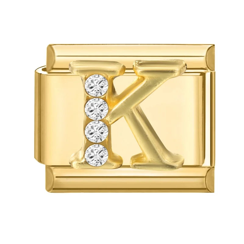 Wholesale Shiny CZ 26 Letters A-Z Gold Color Italian Charms Gold Plated 9mm Stainless Steel Modular Bracelet DIY Jewelry Gift Qme K