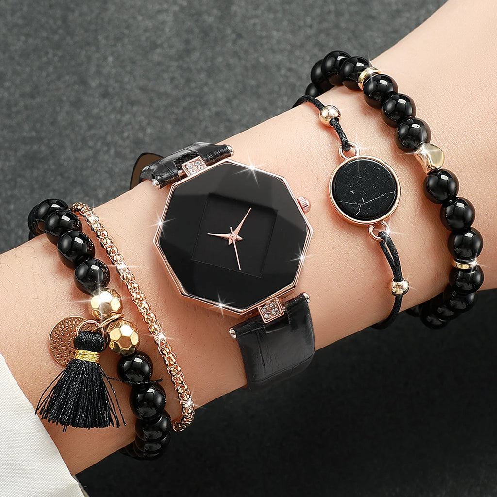 5PCS Fashion Women Watches Simple Leather Band Quartz Watch for Women Clock Jewelry Set Reloj Mujer（Without Box） Qme