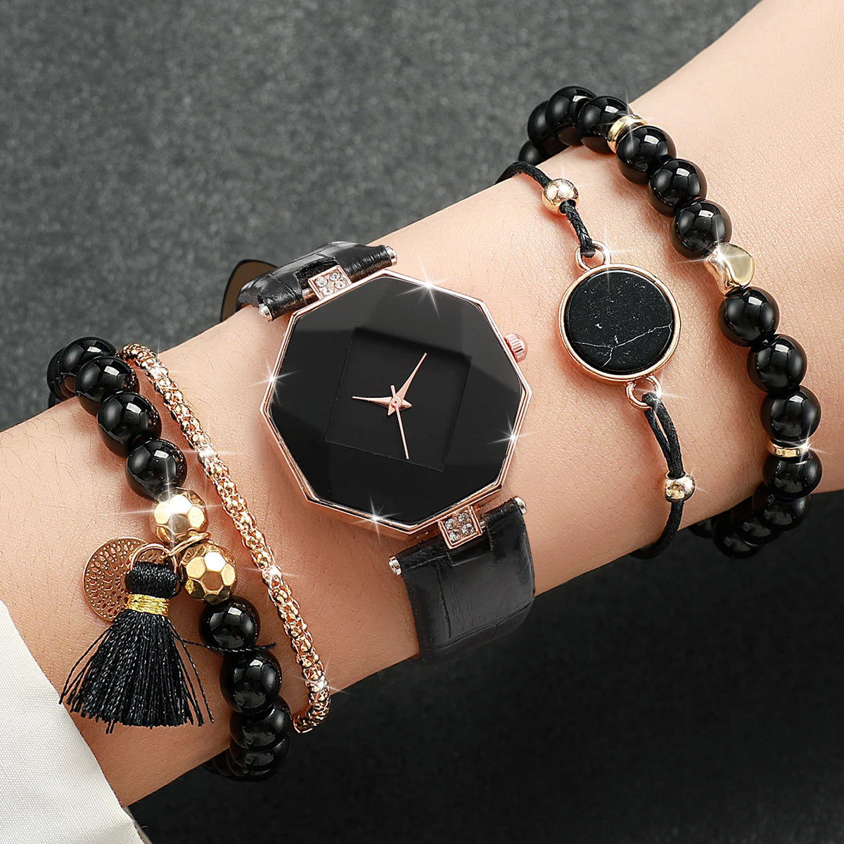 5PCS Fashion Women Watches Simple Leather Band Quartz Watch for Women Clock Jewelry Set Reloj Mujer（Without Box） Qme