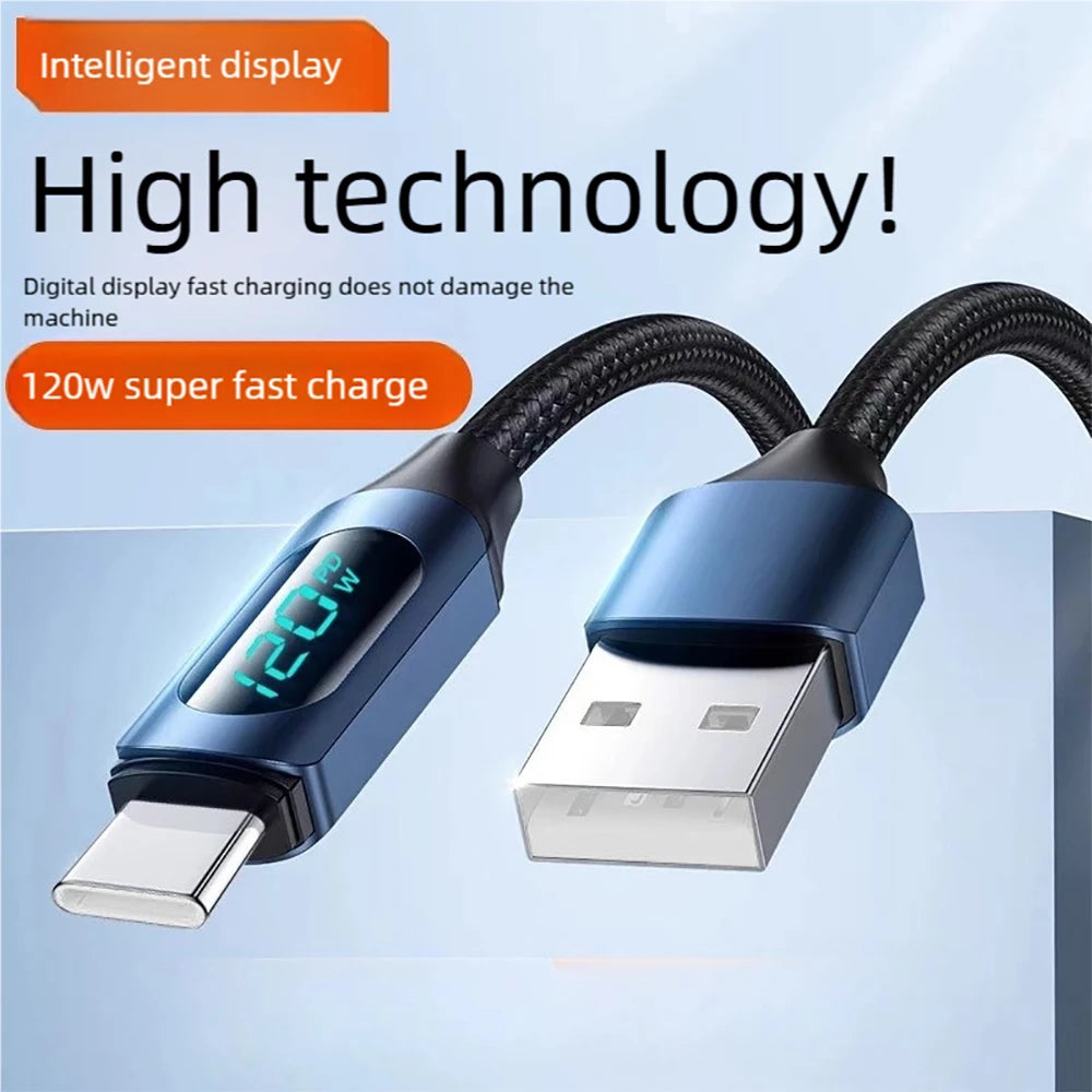 PD 120W Fast Charging Data Cable LED Digital Display USB C Nylon Braided Mobile Phone Charger Cord For iPhone 17 Samsung Xiaomi Qme