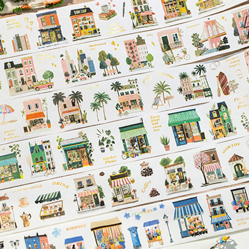 European Town Streetscape Washi Tape & Stickers, Vintage House Pattern, Base Tape for Junk Journal, DIY Collage Supplies Qme