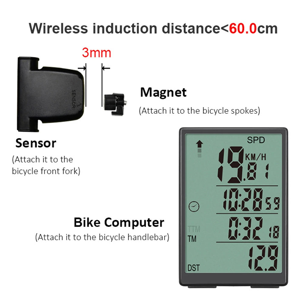 Bicycle Computer Wireless Bike Computer 3-inch Large LCD Screen Waterproof Speedometer with Green LCD Backlight Qme