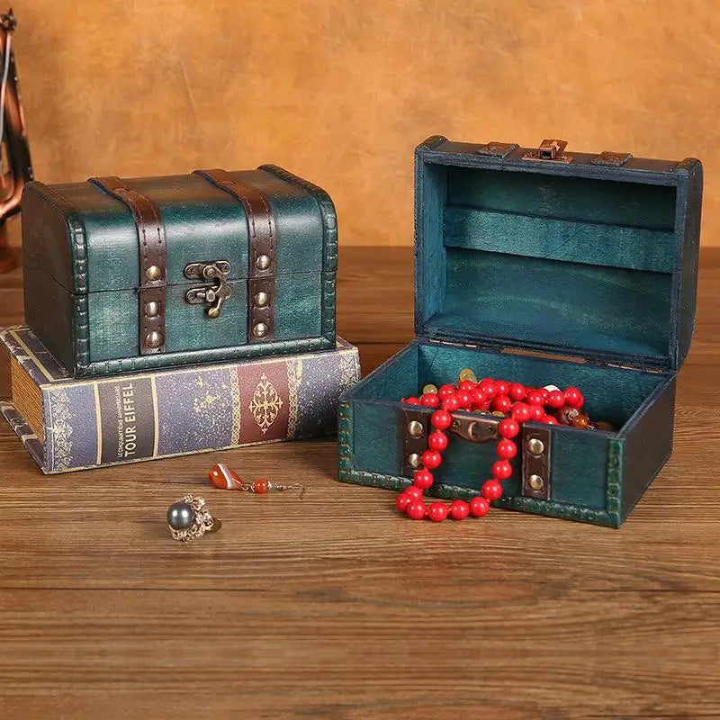 Retro Wooden Storage Box With Lock Retro Treasure Jewelry Necklace Postcard And Small Objects Storage Case Trinket Chest Qme