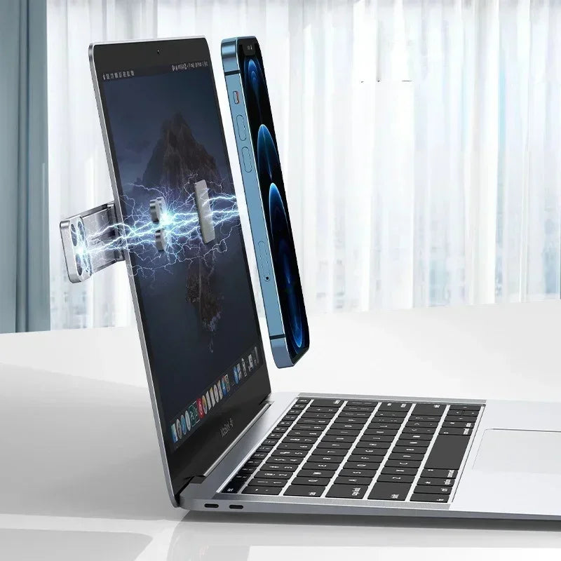 Laptop Phone Holder, Magnetic Laptop Side Mount Clip, Adjustable Aluminum Alloy Computer Monitor Expansion Bracket Tablet Stand Qme