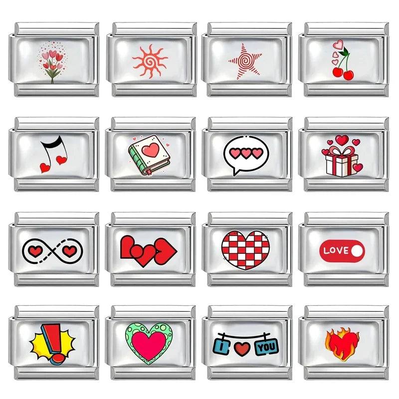 New Y2K Red Series Colorful Love Heart Gift Sun Star Italian Charm Link fit 9mm Stainless Steel Jewelry DIY Making Bracelet Gift Qme