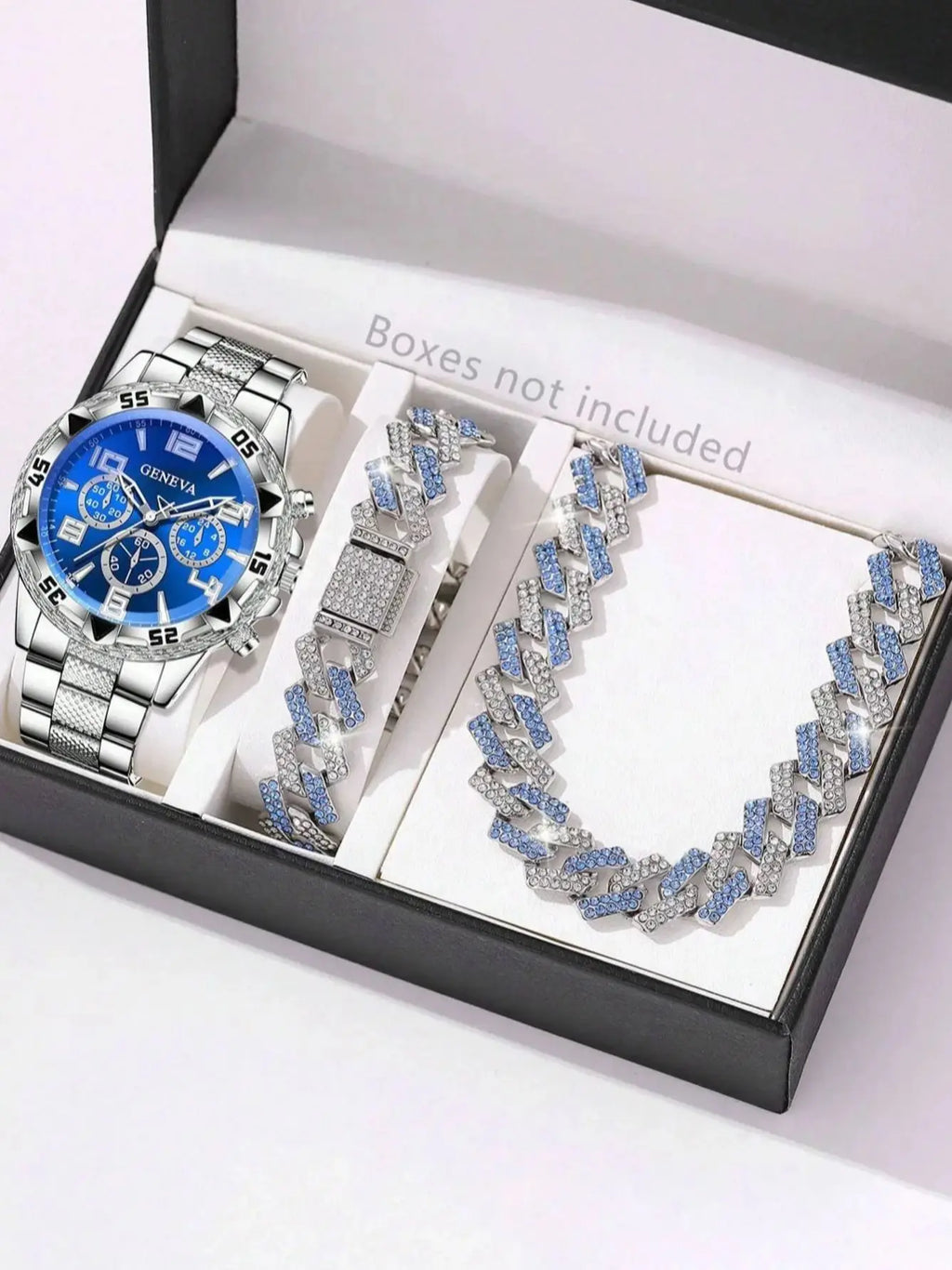 Casual Men's Quartz Watch And Diamond Embedded Cuban Bracelet Necklace Set for Daily Use Birthday Gift without Box Qme 3PCS watch set-L
