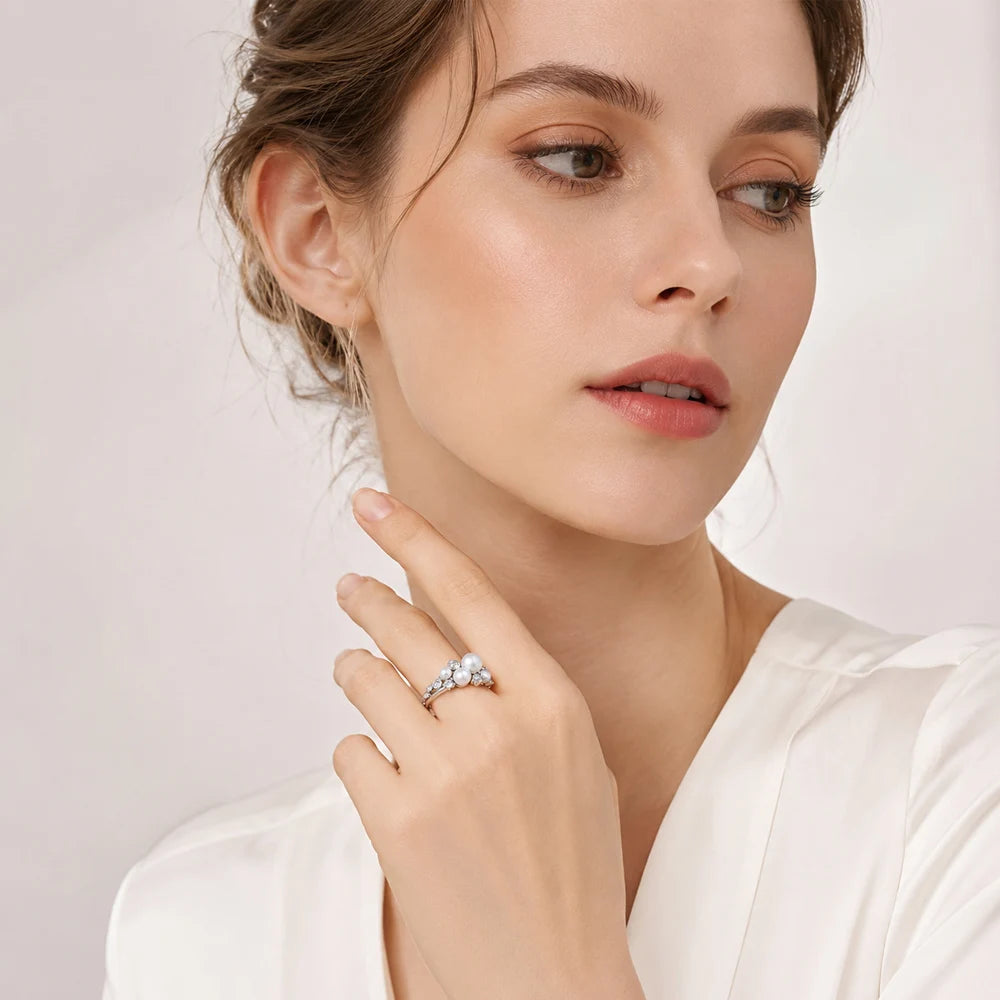 Freshwater Pearls with White Stones Ring Europe Style New Fine Jewerly Trendy Gift In 925 Sterling Silver For Women Qme